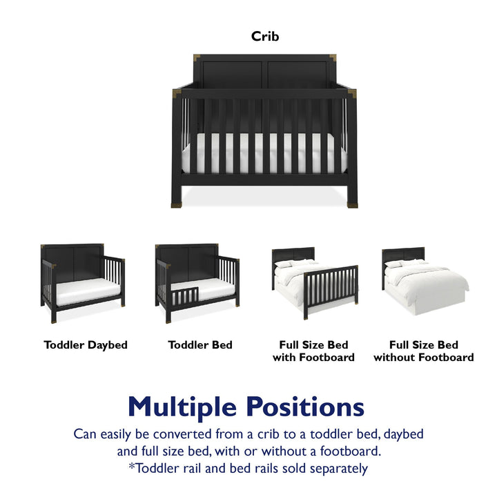 Miles 5 in 1 Convertible Crib with Brass Finished Accents - Black