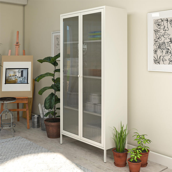 Shadwick 2 Door Tall Metal Locker Style Storage Cabinet-Fluted Glass Doors - White