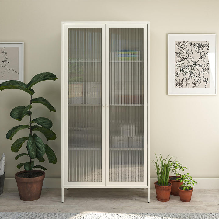 Shadwick 2 Door Tall Metal Locker Style Storage Cabinet-Fluted Glass Doors - White