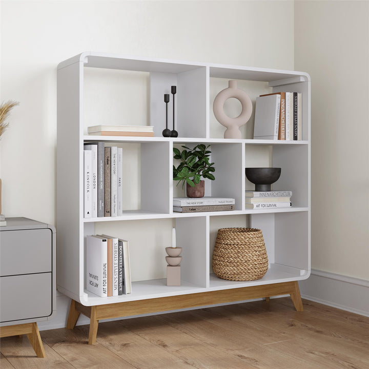 Leva Scandinavian Style Bookcase with 7 Open Cubbies - White