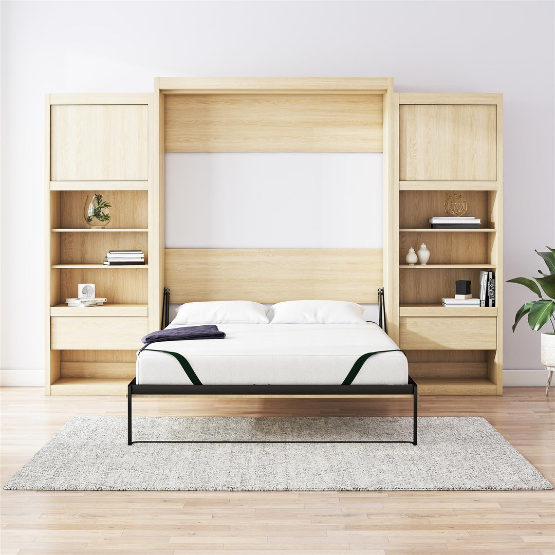 Paramount Queen Murphy Bed with 2 Side Cabinets and 8" Memory Foam Mattress - Light Oak - Queen