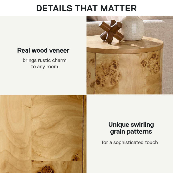 Burlwood Round Wood Veneer End Table - Burl Veneer