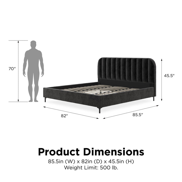Callie Velvet Upholstered Bed with Wood Frame and Slats - Black - King