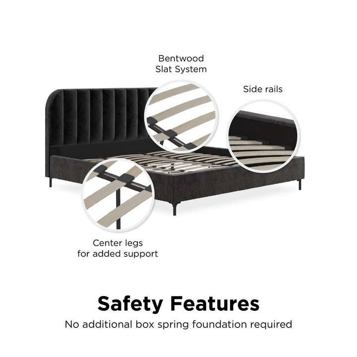 Callie Velvet Upholstered Bed with Wood Frame and Slats - Black - King