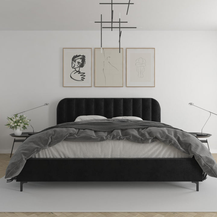 Callie Velvet Upholstered Bed with Wood Frame and Slats - Black - King