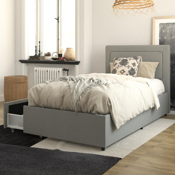 Alden Upholstered Bed with Angular Headboard and Under Bed Storage Drawers - Gray - Twin