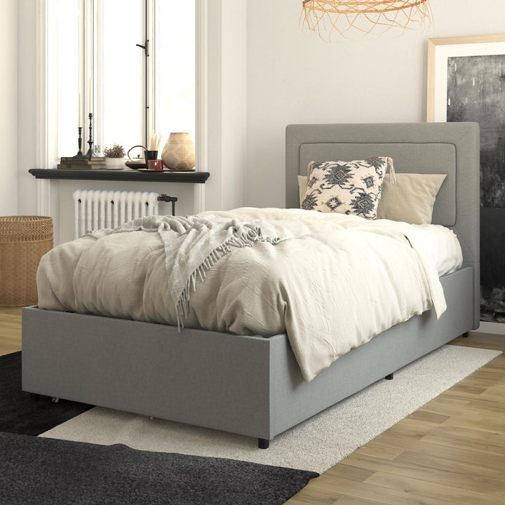 Alden Upholstered Bed with Angular Headboard and Under Bed Storage Drawers - Gray - Twin