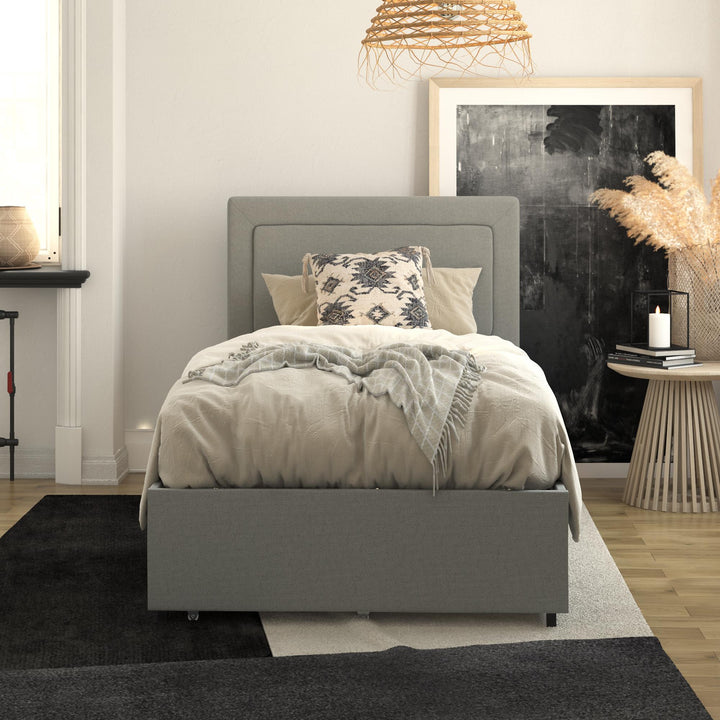 Alden Upholstered Bed with Angular Headboard and Under Bed Storage Drawers - Gray - Twin