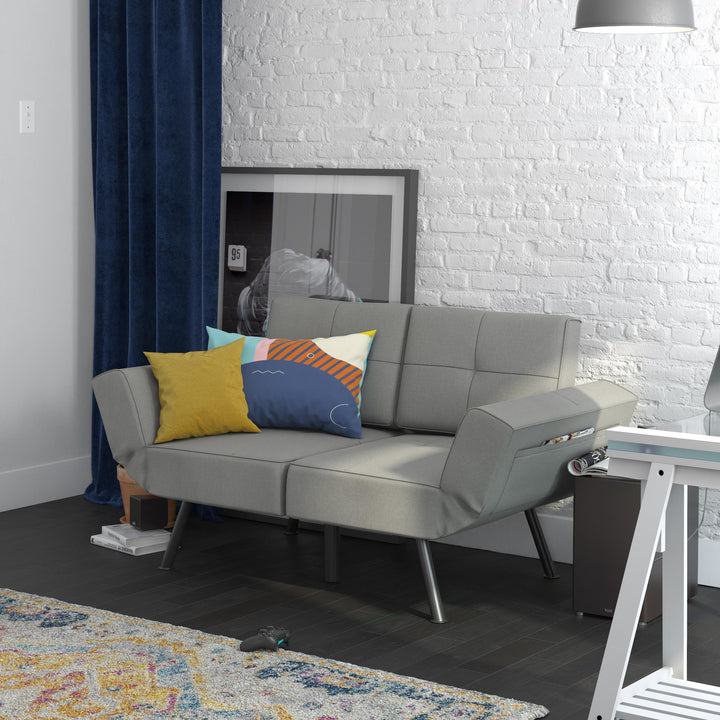 Euro Upholstered Tufted Loveseat Futon with Storage Pockets - Light Gray