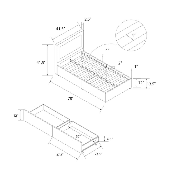 Alden Upholstered Bed with Angular Headboard and Under Bed Storage Drawers - Gray - Twin