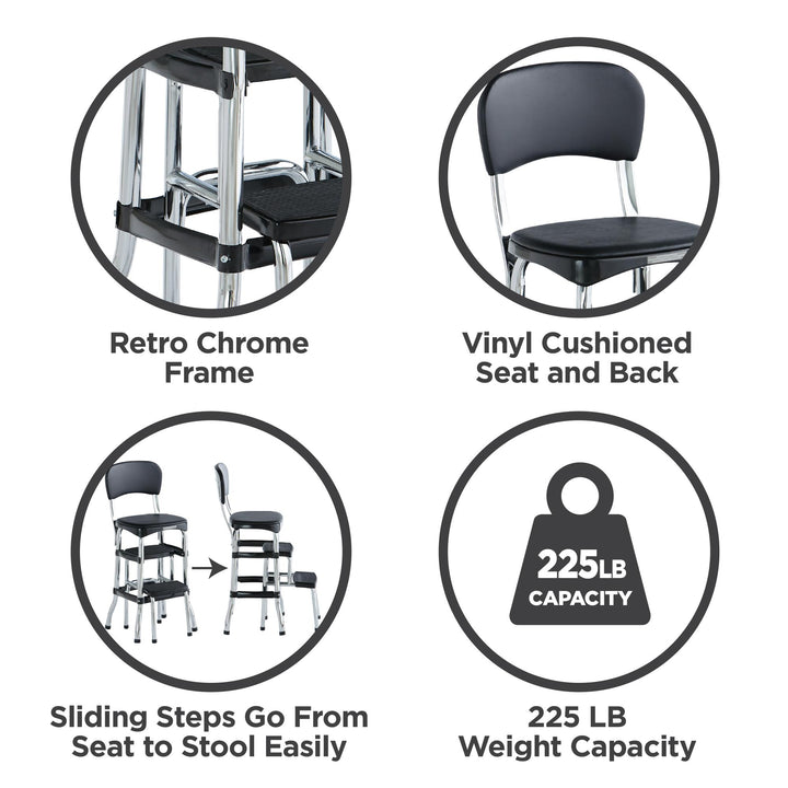 Stylaire Retro Chair and 2 Step Step Stool with Pull-Out Steps - Black - 1-Pack