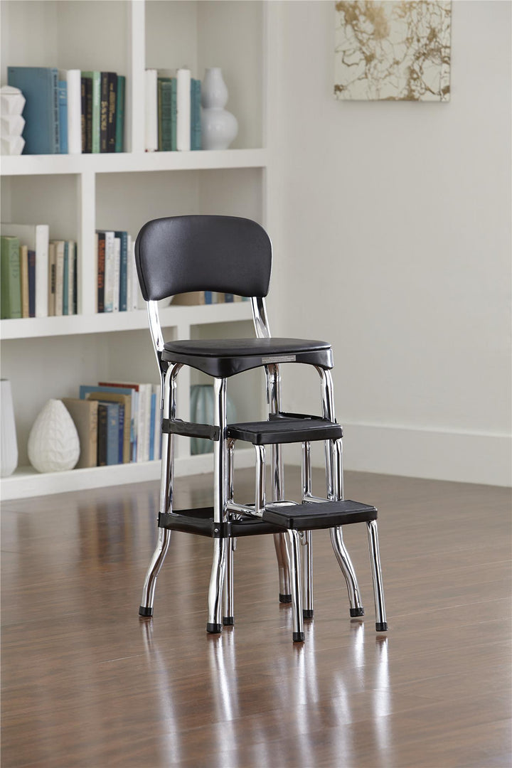 Stylaire Retro Chair and 2 Step Step Stool with Pull-Out Steps - Black - 1-Pack