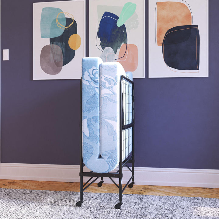 Levy Folding Guest Bed Cot with Metal Frame and 4 Inch Mattress - Black - Twin