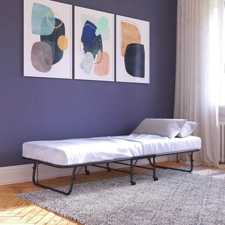 Levy Folding Guest Bed Cot with Metal Frame and 4 Inch Mattress - Black - Twin