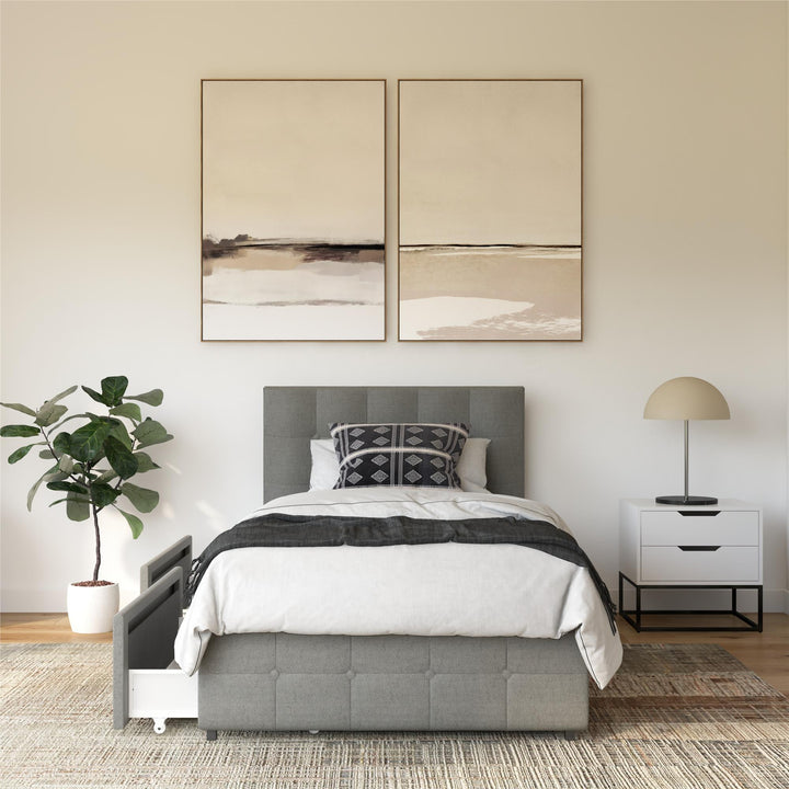 Rose Upholstered Bed with Button Tufted Detail and Storage Drawers - Grey Linen - Twin