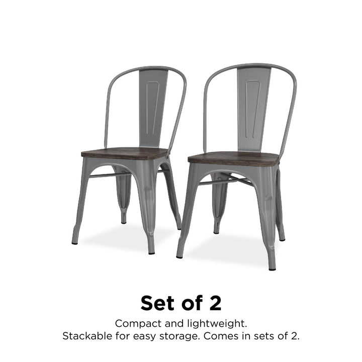 Fusion Metal Dining Chair with Wood Seat, Set of 2 - Silver