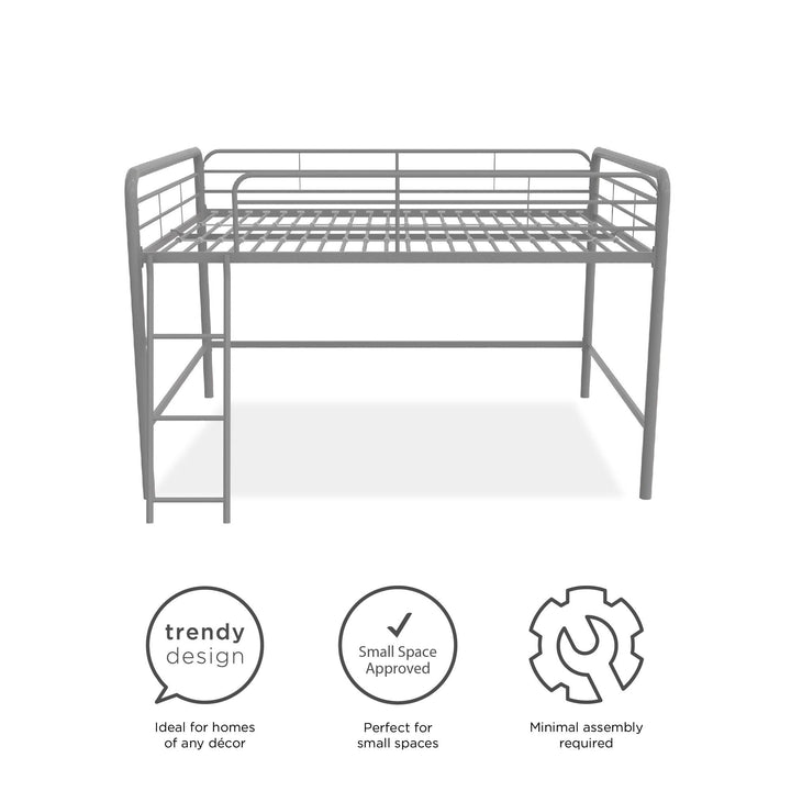 Jett Junior Full Metal Loft Bed with 3 Step Ladder - Silver - Full
