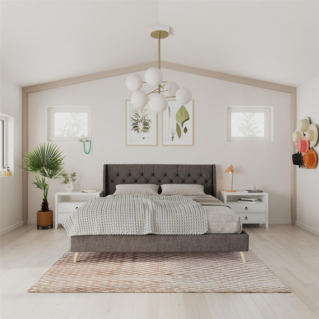 Her Majesty Wingback Bed with a Button Tufted Headboard and Tapered Wood Legs - Grey Linen - King