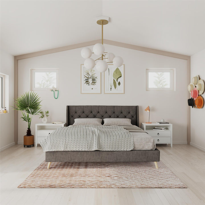 Her Majesty Wingback Bed with a Button Tufted Headboard and Tapered Wood Legs - Grey Linen - King