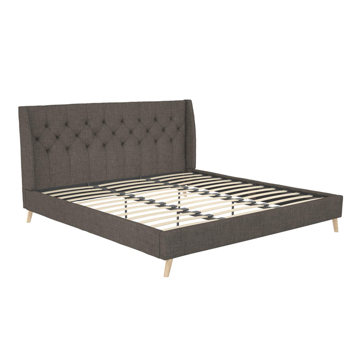 Her Majesty Wingback Bed with a Button Tufted Headboard and Tapered Wood Legs - Grey Linen - King