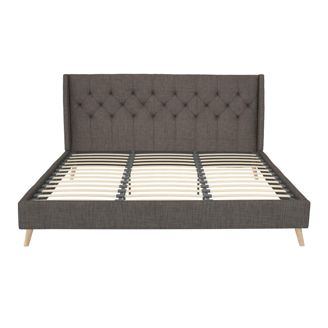 Her Majesty Wingback Bed with a Button Tufted Headboard and Tapered Wood Legs - Grey Linen - King