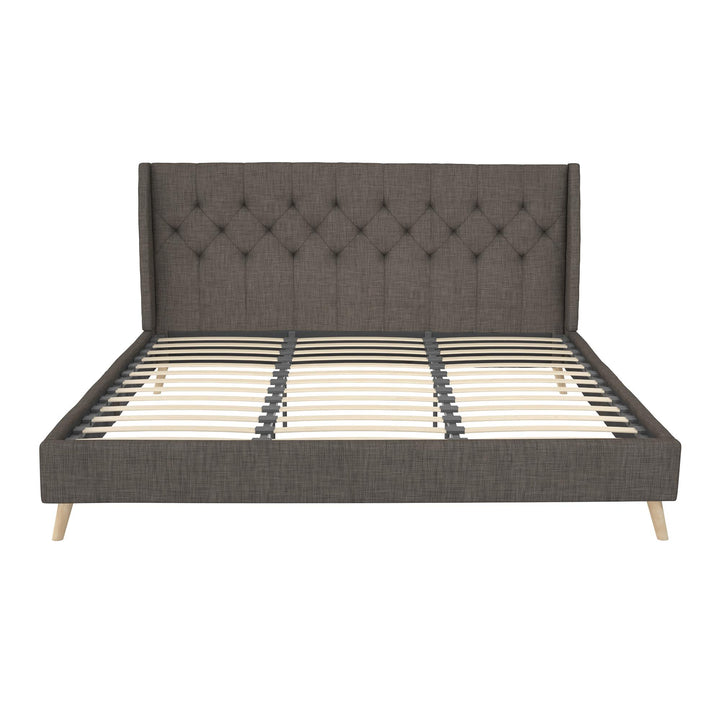 Her Majesty Wingback Bed with a Button Tufted Headboard and Tapered Wood Legs - Grey Linen - King