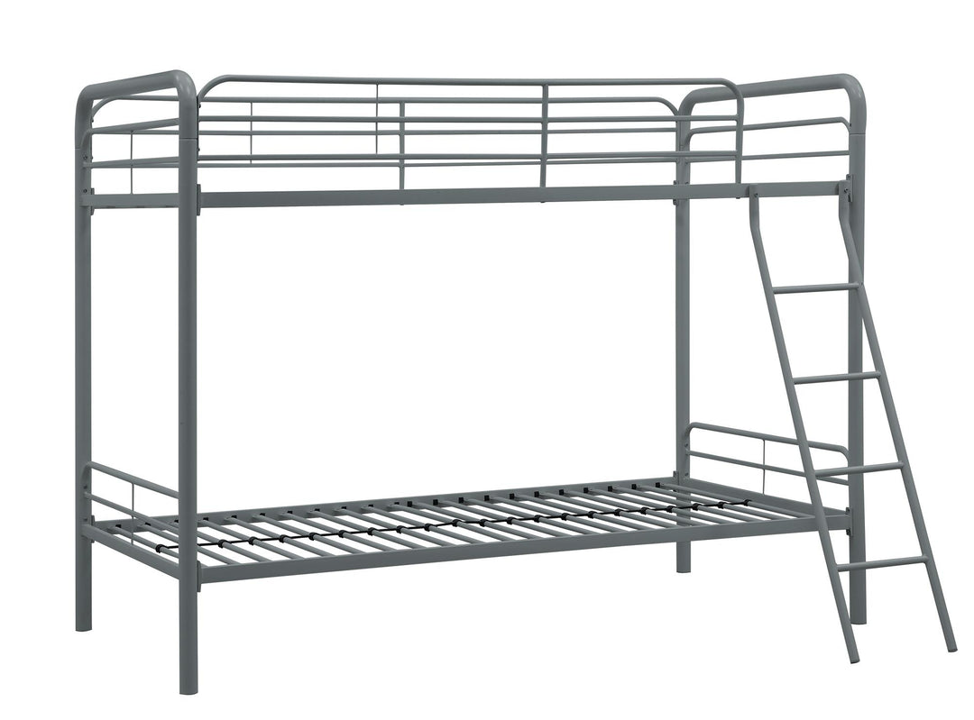 Twin over Twin Metal Bunk Bed with Slanted Front Ladder and Guardrails - Silver - Twin-Over-Twin