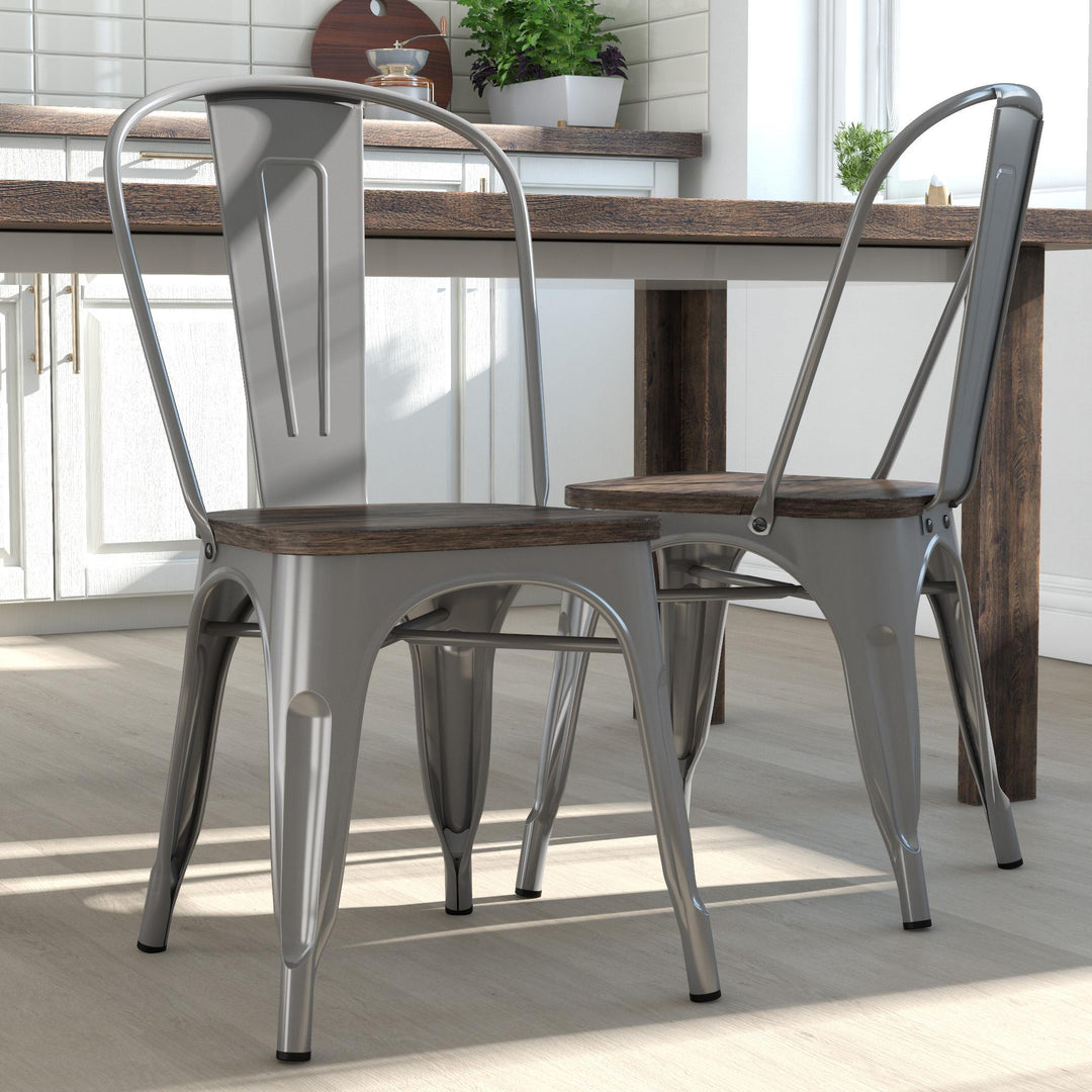 Fusion Metal Dining Chair with Wood Seat, Set of 2 - Silver