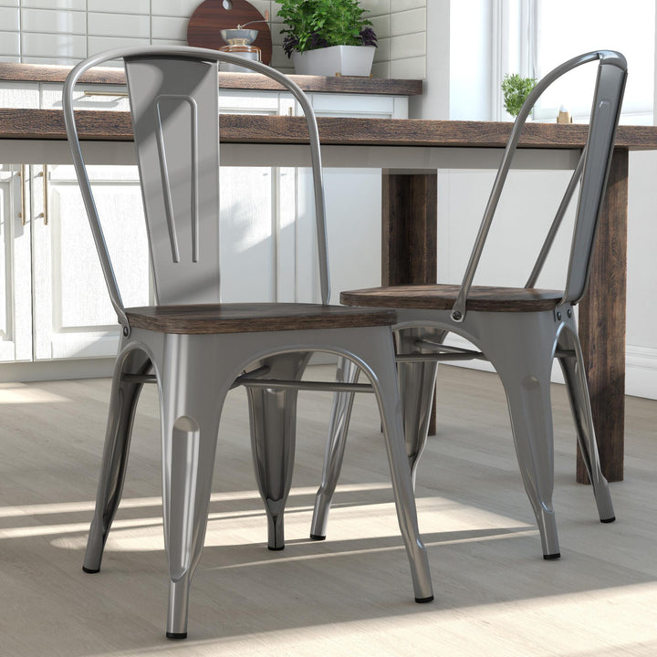 Fusion Metal Dining Chair with Wood Seat, Set of 2 - Silver