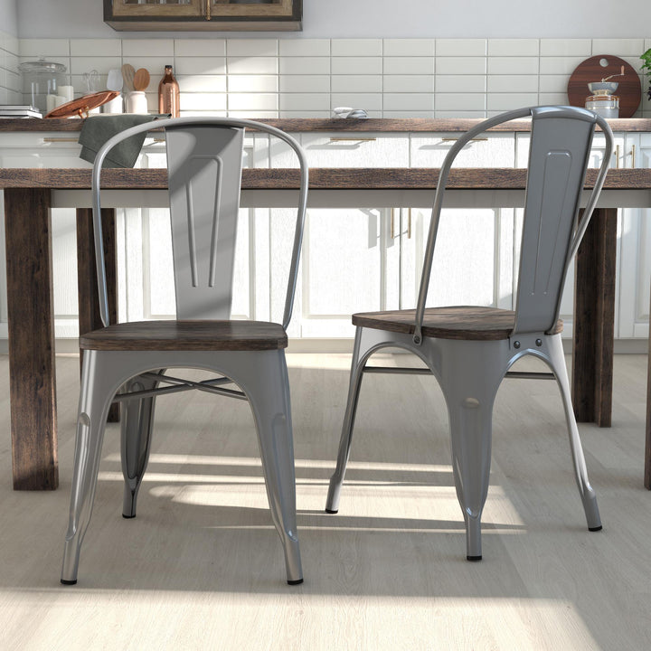 Fusion Metal Dining Chair with Wood Seat, Set of 2 - Silver