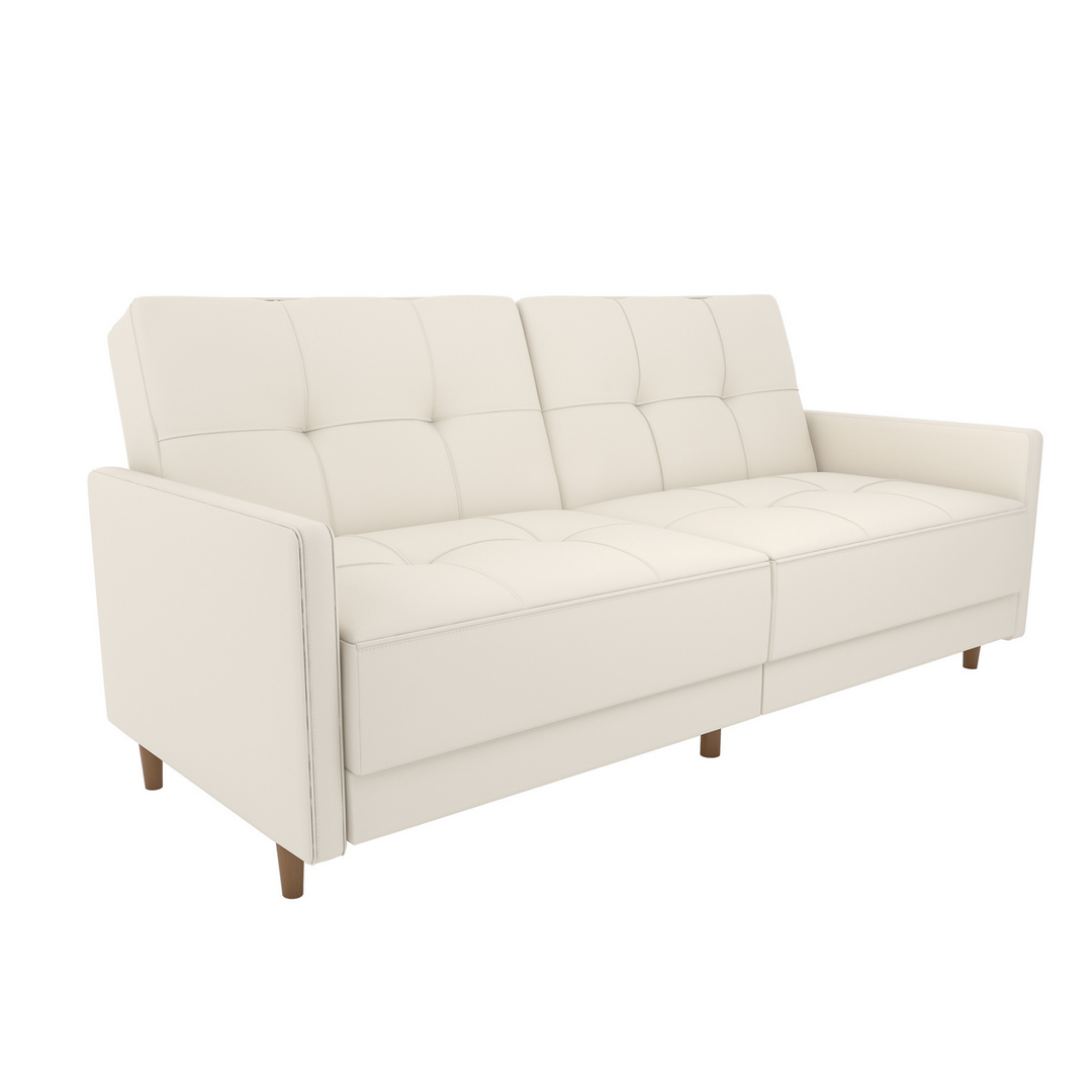 Andora Tufted Upholstered Coil Futon with Wooden Legs - White