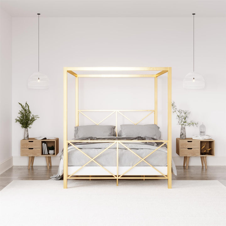 Rosedale Metal Four-Poster Canopy Bed with Crisscross Headboard and Footboard - Gold - Queen
