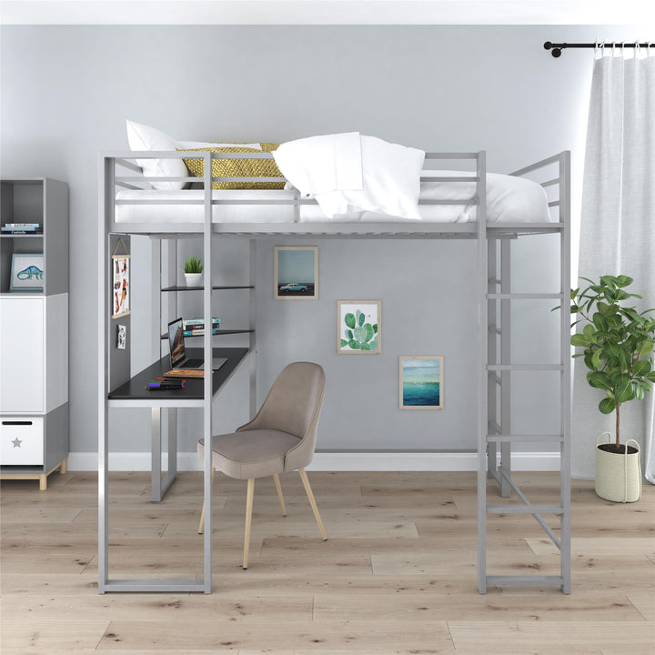 Abode Metal Loft Bed with Built in Desk and Storage Space - Silver - Full