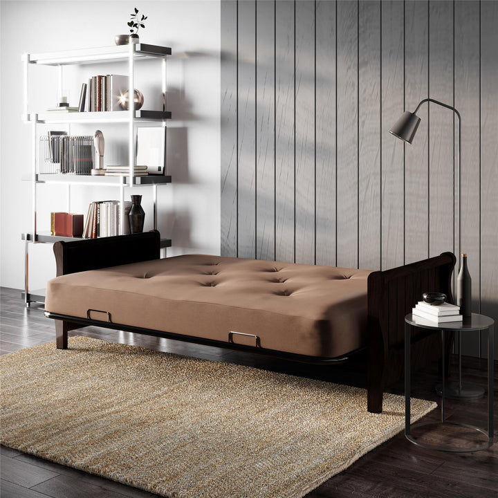 8 Inch Polyester Futon Mattress with Espresso Wood Arm Futon Frame - Tan - Full