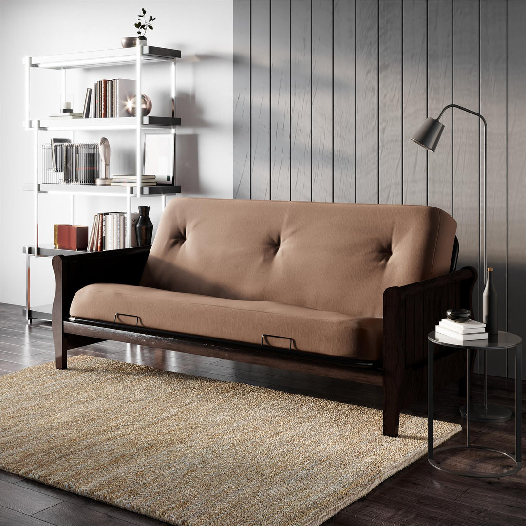 8 Inch Polyester Futon Mattress with Espresso Wood Arm Futon Frame - Tan - Full