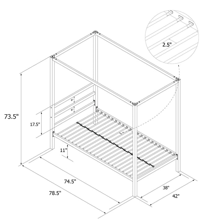 Modern Metal Canopy Bed with Sleek Built-In Headboard - Black - Twin