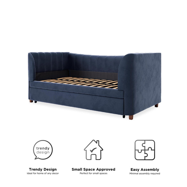 Valentina Upholstered Daybed with Trundle and Vertical Stitching - Blue - Twin