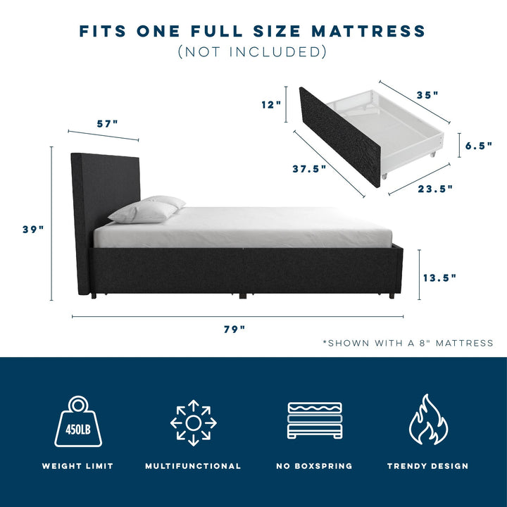Bed with 4 Storage Drawers -  Dark Gray Linen 