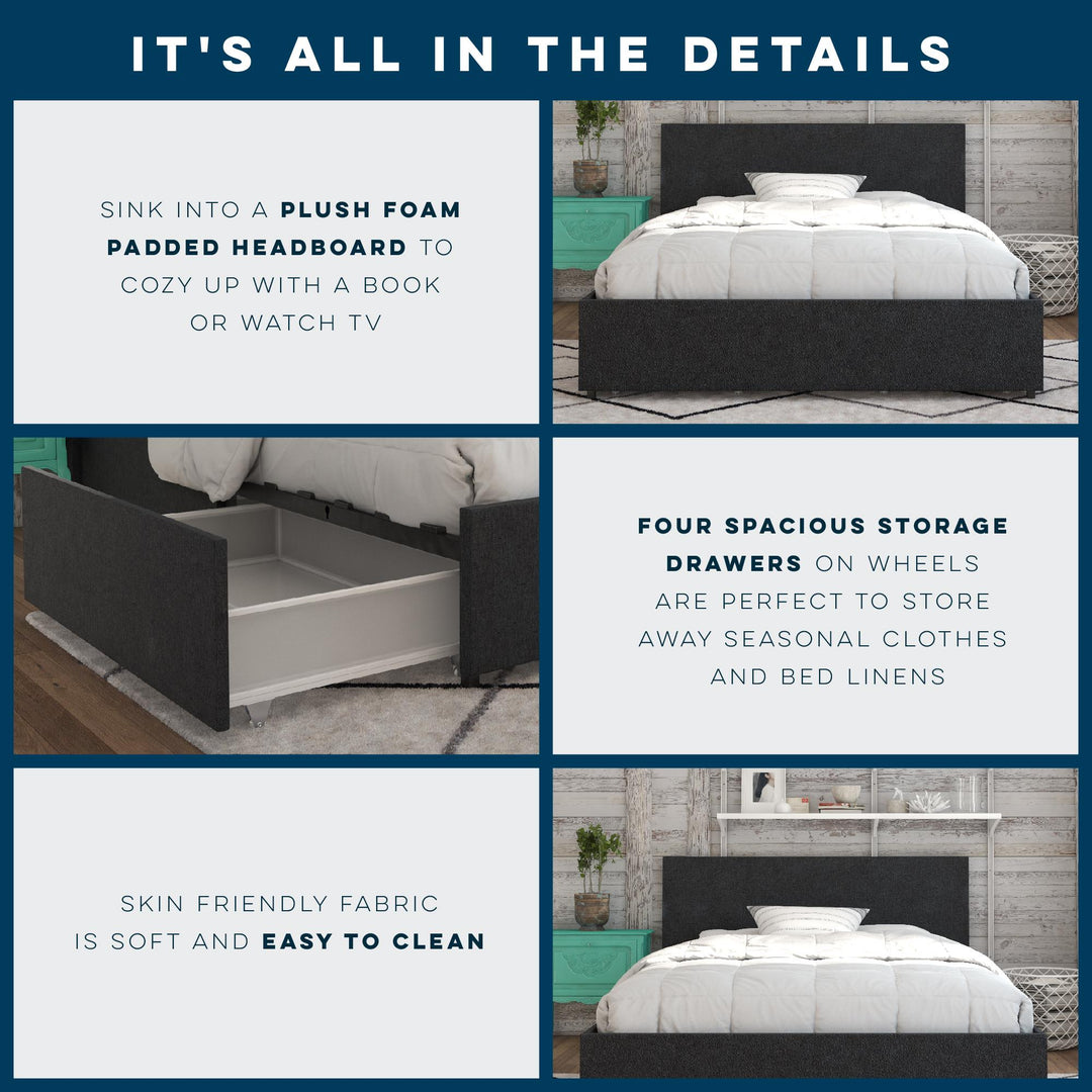 4 Drawer Storage Bed with Upholstery -  Dark Gray Linen 