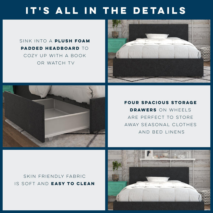 4 Drawer Storage Bed with Upholstery -  Dark Gray Linen 