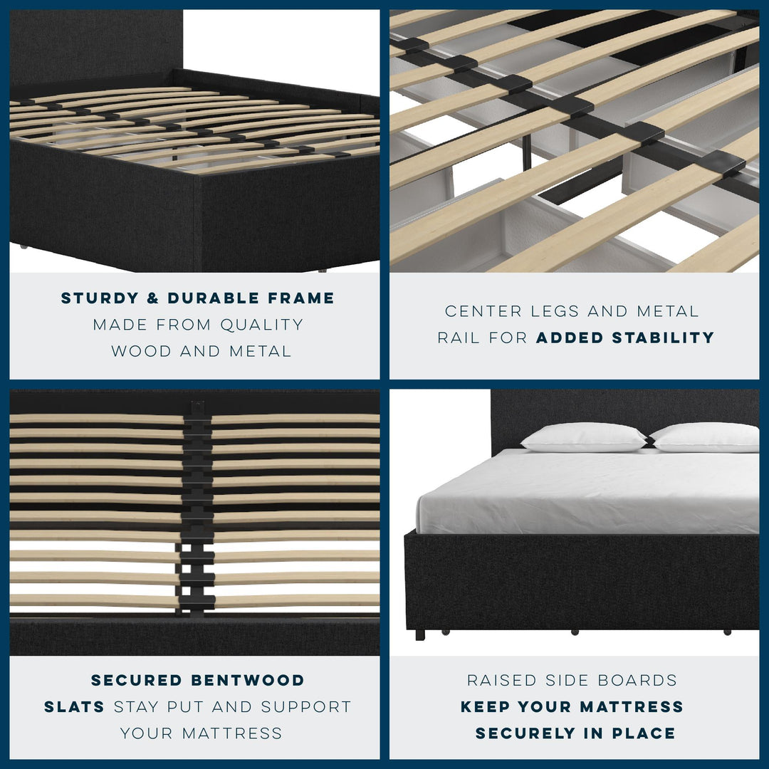 Kelly Upholstered Bed with Storage Drawers -  Dark Gray Linen 