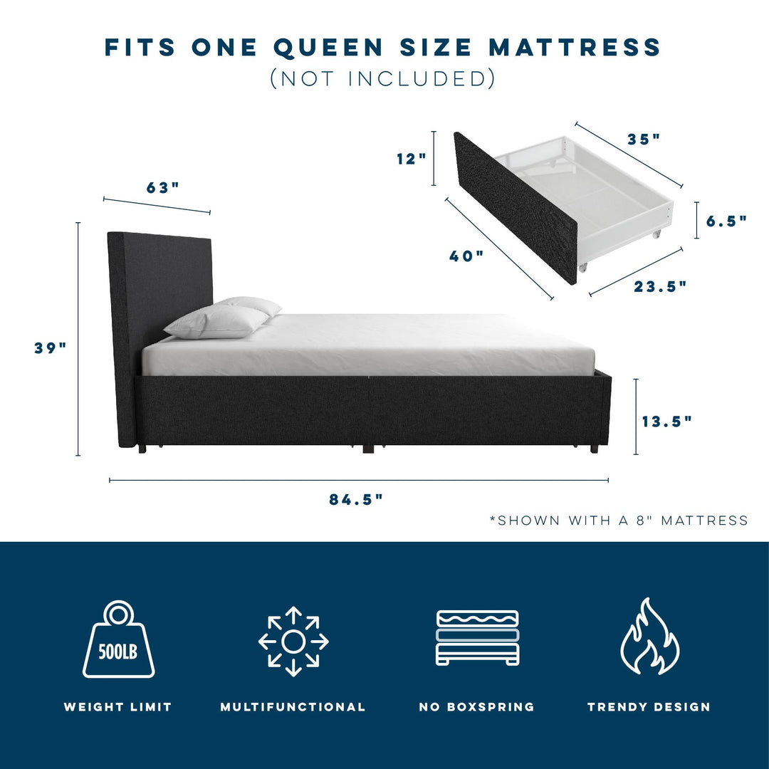 Kelly Upholstered Bed with 4 Storage Drawers -  Dark Gray Linen 