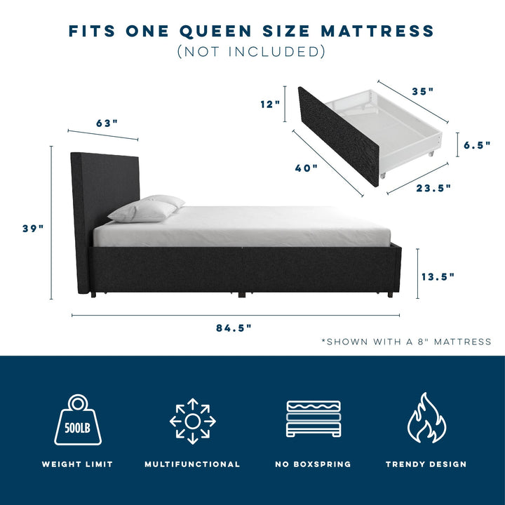 Kelly Upholstered Bed with 4 Storage Drawers -  Dark Gray Linen 