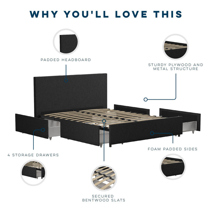 Kelly Upholstered Bed with Storage -  Dark Gray Linen 