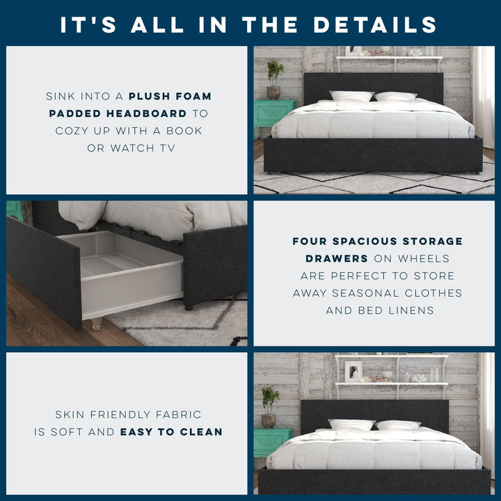 Storage Bed with 4 Drawers -  Dark Gray Linen 