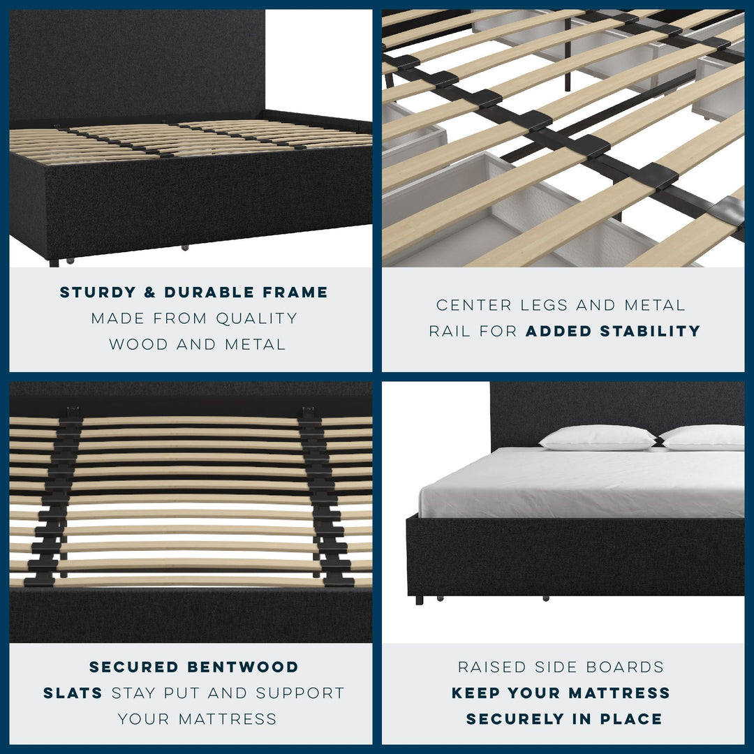 Upholstered Bed with 4 Storage Drawers -  Dark Gray Linen 