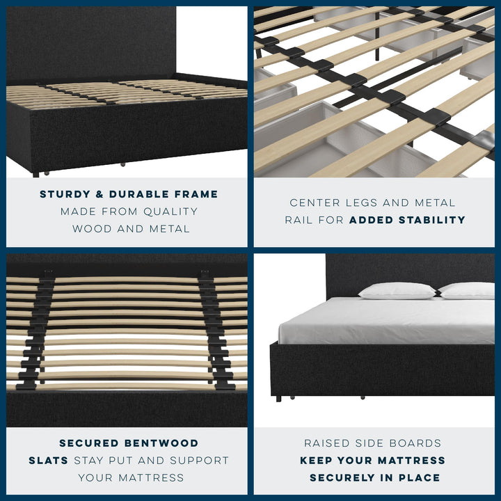 Upholstered Bed with 4 Storage Drawers -  Dark Gray Linen 