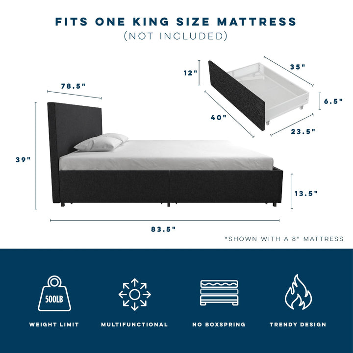 Kelly Bed with Upholstered Storage -  Dark Gray Linen 