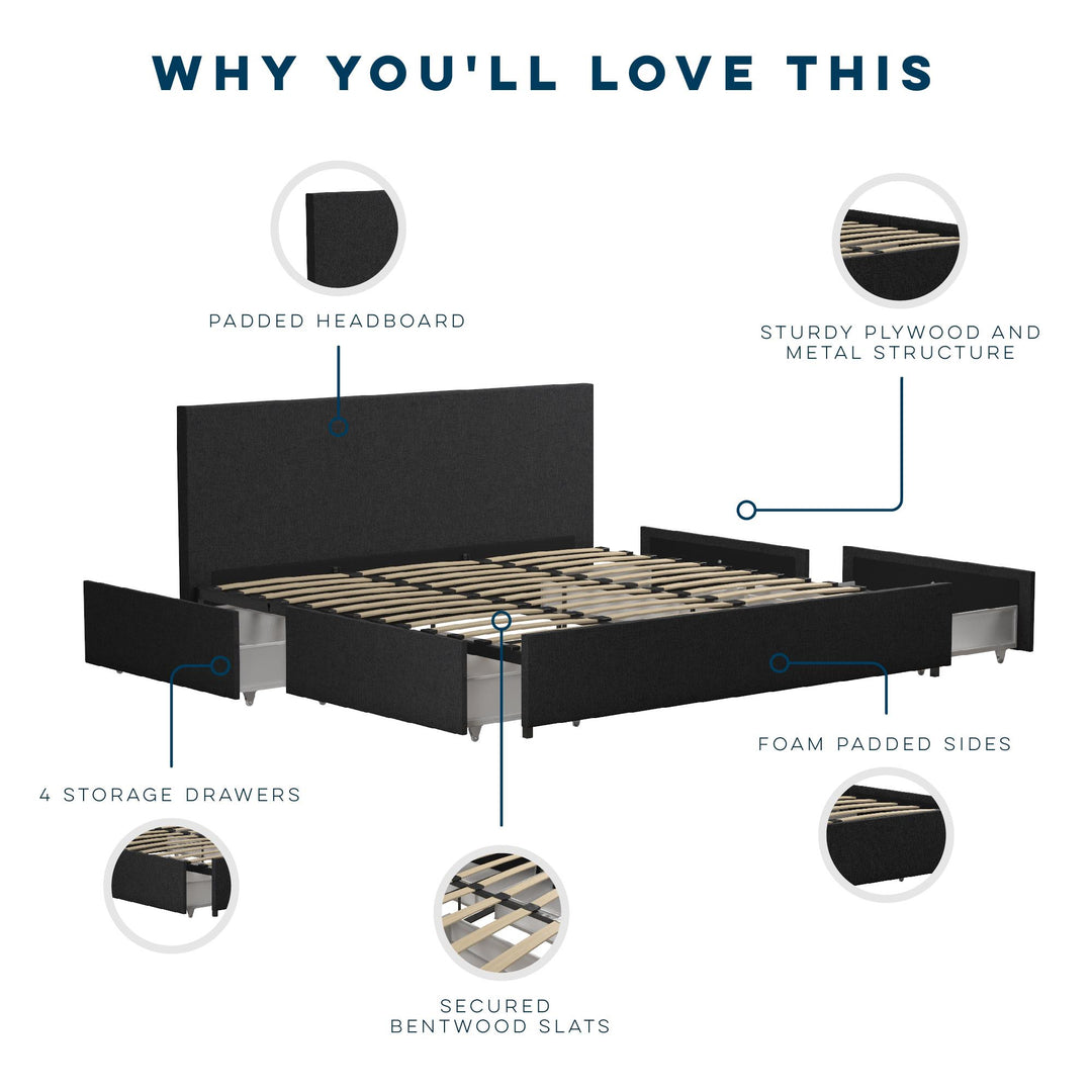 4 Drawer Bed with Upholstery -  Dark Gray Linen 