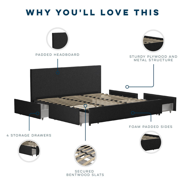 4 Drawer Bed with Upholstery -  Dark Gray Linen 